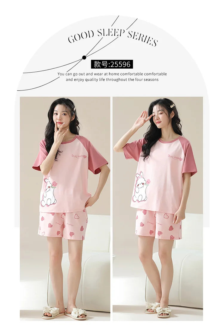 Female Summer Pijamas Short Women Cotton Pajamas Sleeve Shorts Nightwear Sweet Sleepwear Cartoon Pyjamas Woman Home Suit