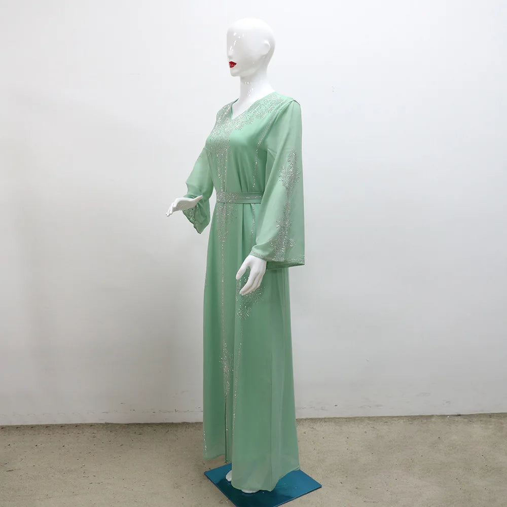 2026 Saudi Arabia Dubai Fashion Diamond Dress Women Muslim Dresses Abaya Chiffon Robe Middle Eastern Women's Clothing Maxi Dress