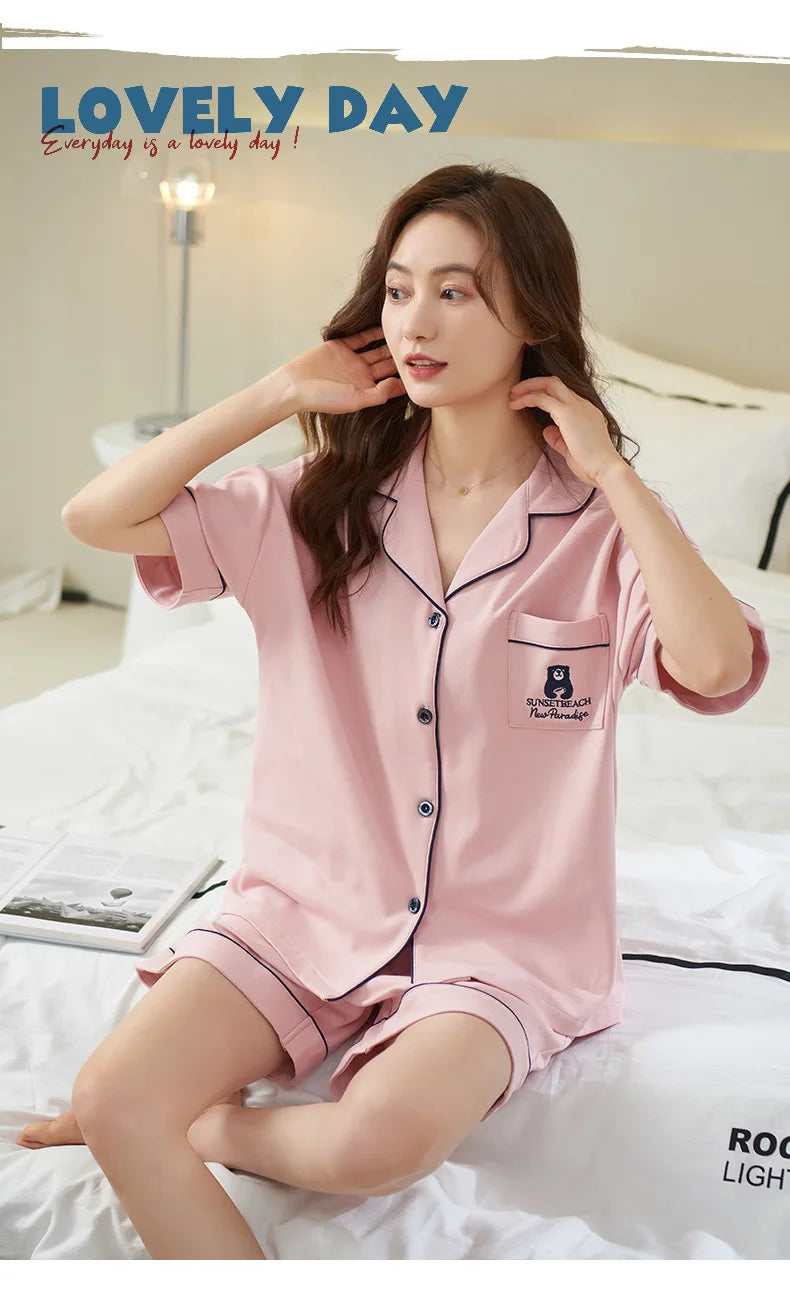 Dropshipping Female Pijamas Cartoon Summer Short Women Pajamas Sleeve Shorts Nightwear Sweet Sleepwear Pyjamas Woman Home Suit