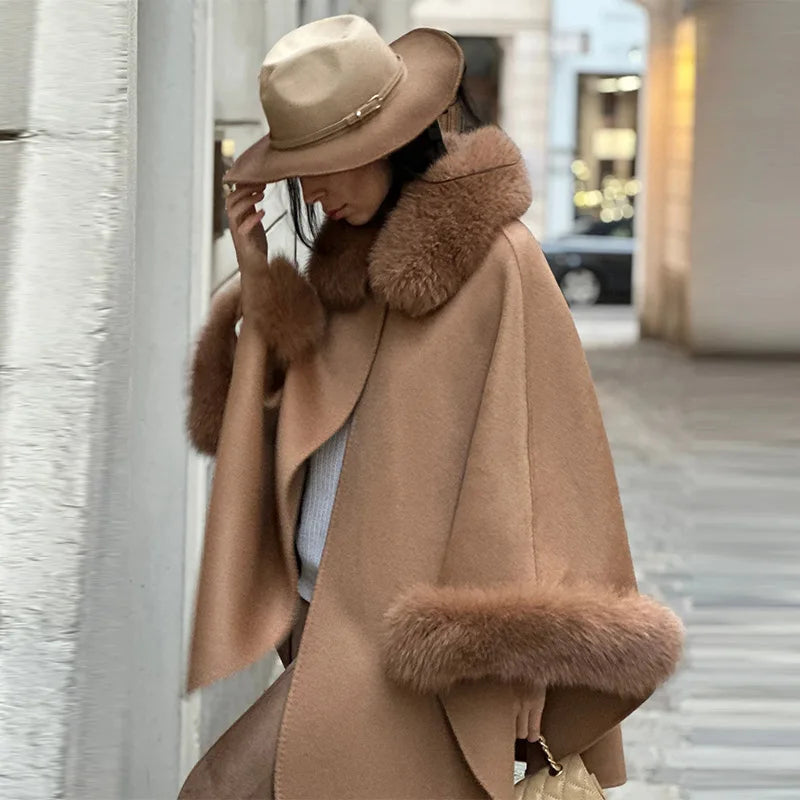 Elegant Fur Patchwork Shawl Coat Women Khaki Woolen Long Sleeve Lapel Open Stitch Loose Coats 2025 Fashion Autumn Winter Outwear