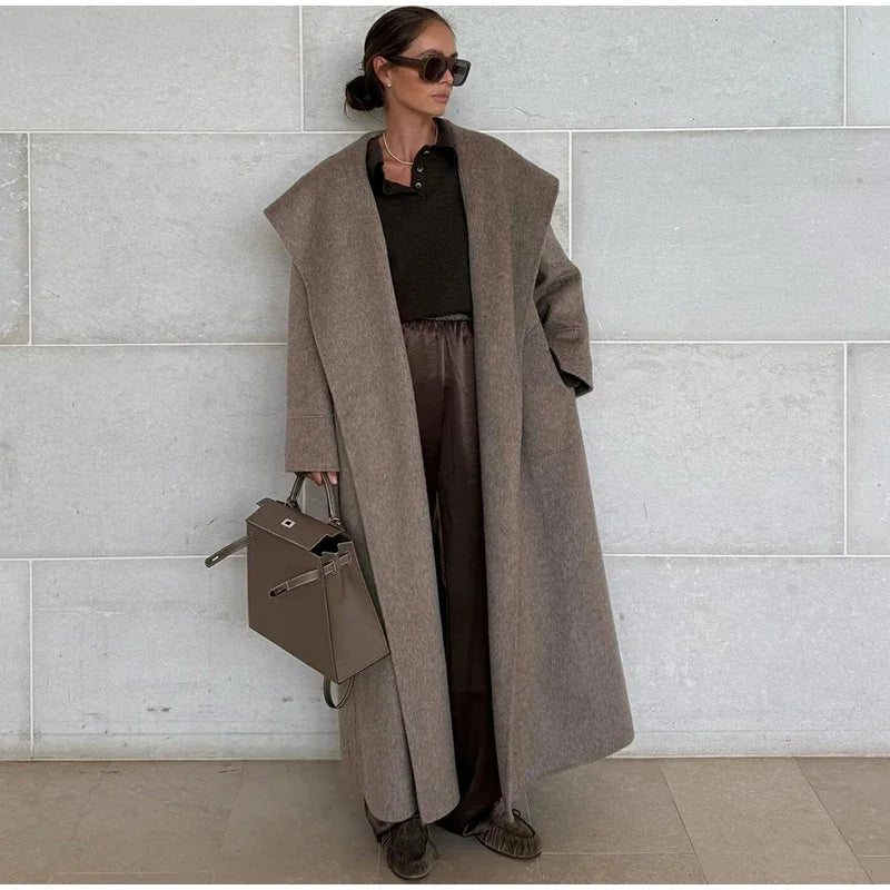 Solid Large Lapel Belted Long Woolen Women Coat Elegant Full Sleeve Lace Up Overcoat  2025 Autumn Winter Wrap Style Outerwear