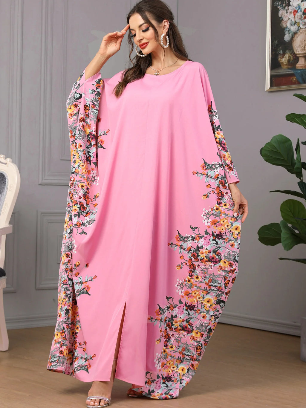 Eid Muslim Party Dress for Women Ramadan Abaya Bat Sleeve Print Long Robe Morocco Kaftan Vestidos Largos Dubai Jalabiya 2024