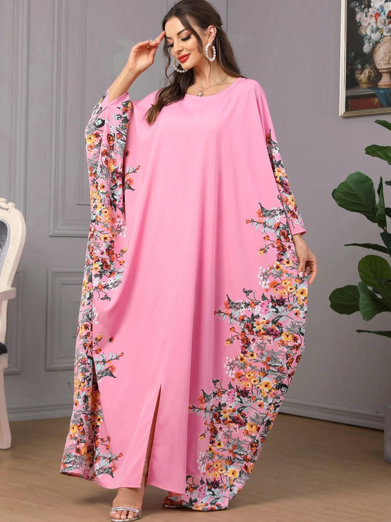 Eid Muslim Party Dress for Women Ramadan Abaya Bat Sleeve Print Long Robe Morocco Kaftan Vestidos Largos Dubai Jalabiya 2024