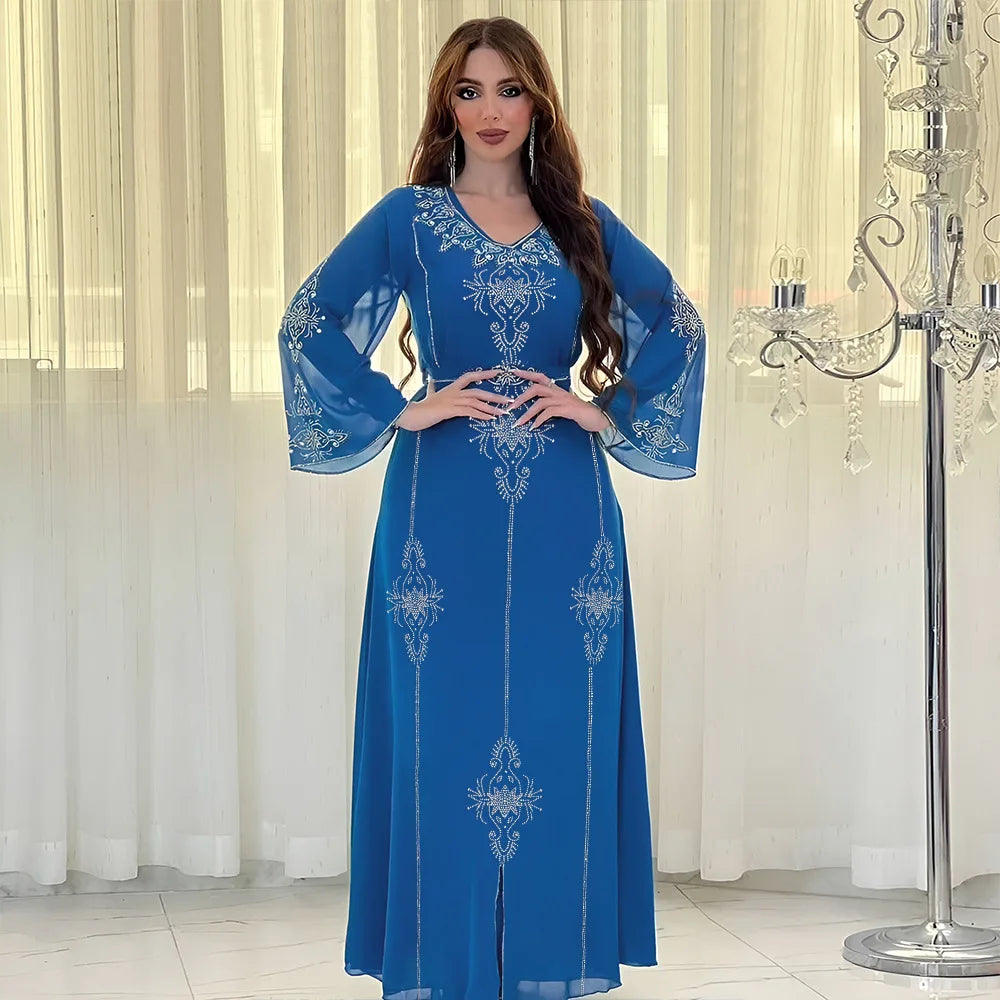 2026 Saudi Arabia Dubai Fashion Diamond Dress Women Muslim Dresses Abaya Chiffon Robe Middle Eastern Women's Clothing Maxi Dress
