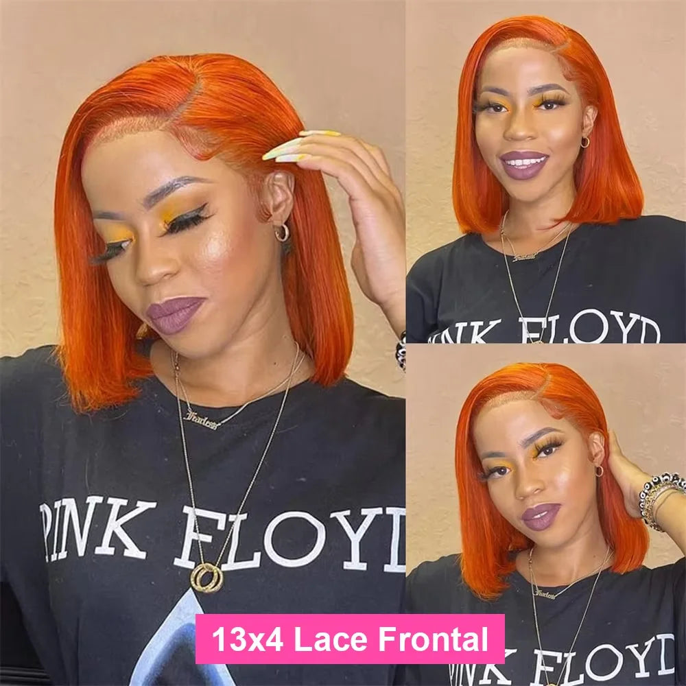 Ginger Orange Bob Wig Human Hair Straight 13x4 Short Bob Transparent Lace Frontal Wigs 200 Density Brazilian Hair Short Bob Wigs