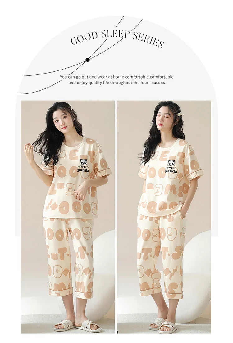 New Summer Pajamas Homewear Suit Women's Short-Sleeved Long Pants Ladies Large Size Loose Leisure Homewear Two-Piece Set