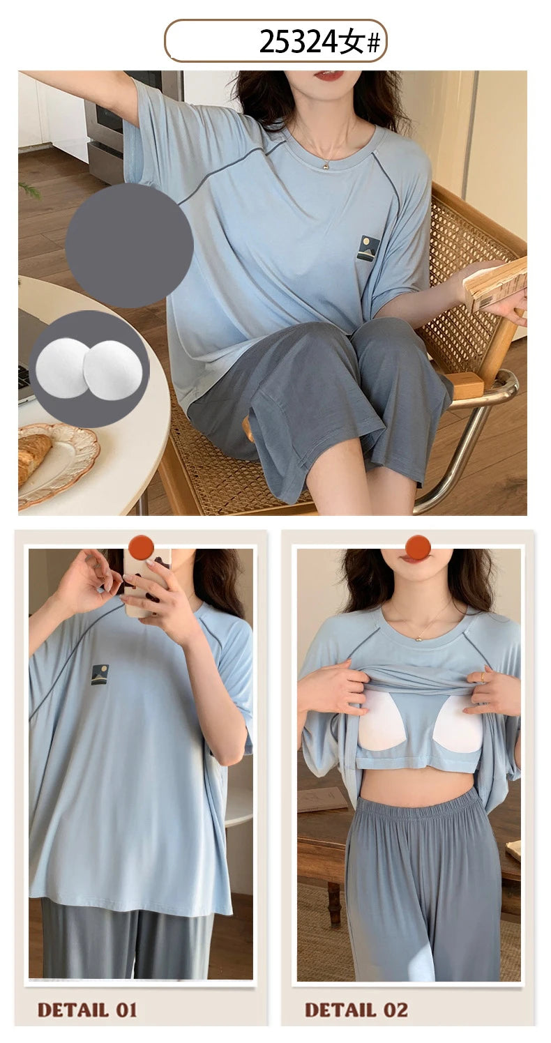 Female Loungewear Pijama Mujer Homewear Summer Nightwear Elegant Women's Pajama Sets Women With Breast Pad Femme Sleepwear