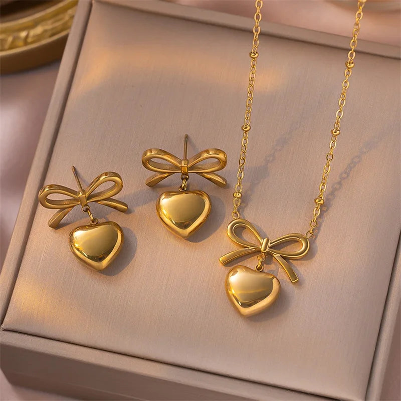 EILIECK 316L Stainless Steel Gold Color Heart Star Flower Necklace Earrings Set For Women Trendy Waterproof Jewelry Holiday Gift