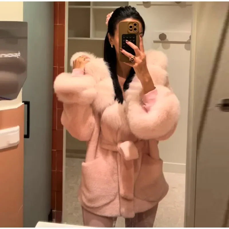 Elegant Hoody Faux Fur Women's Coat Loose Long Sleeve Pocket Warm Thicken Lady Coats 2025 Autumn Winter Chic Lady Streetwear