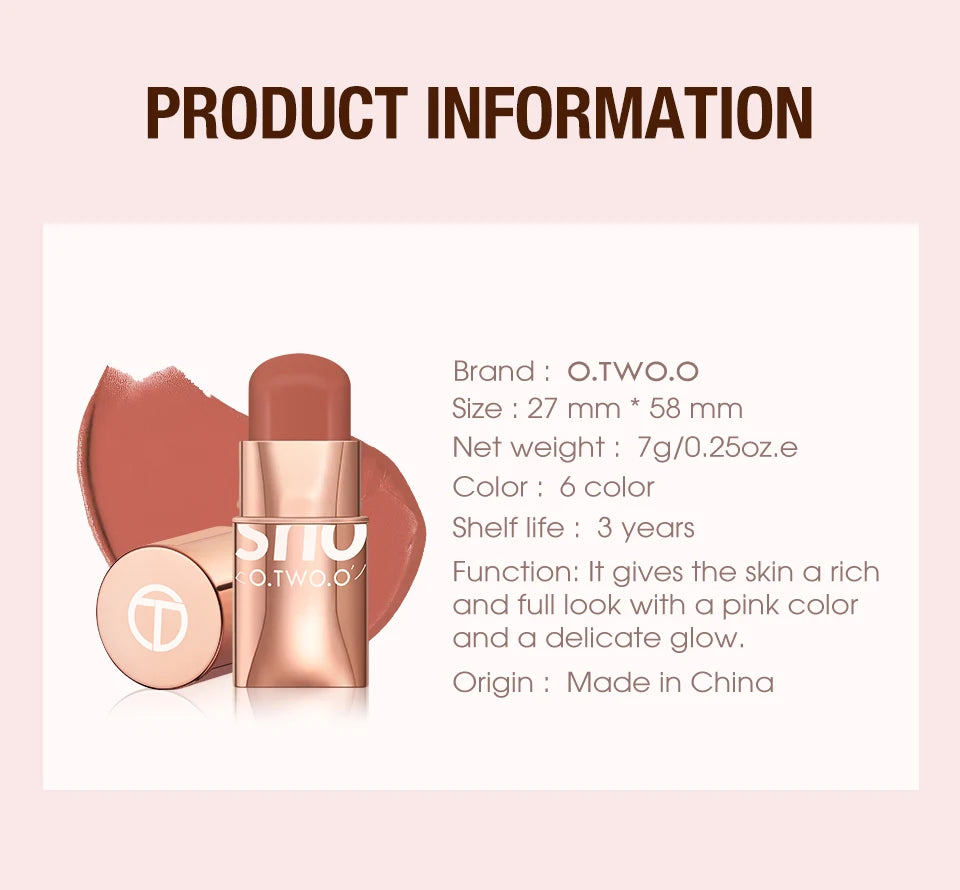 O.TWO.O Blush Makeup Stick High Pigmented Blusher Cream Sticks Waterproof Long-lasting Lip Cheek Eyess Cosmetics for Women