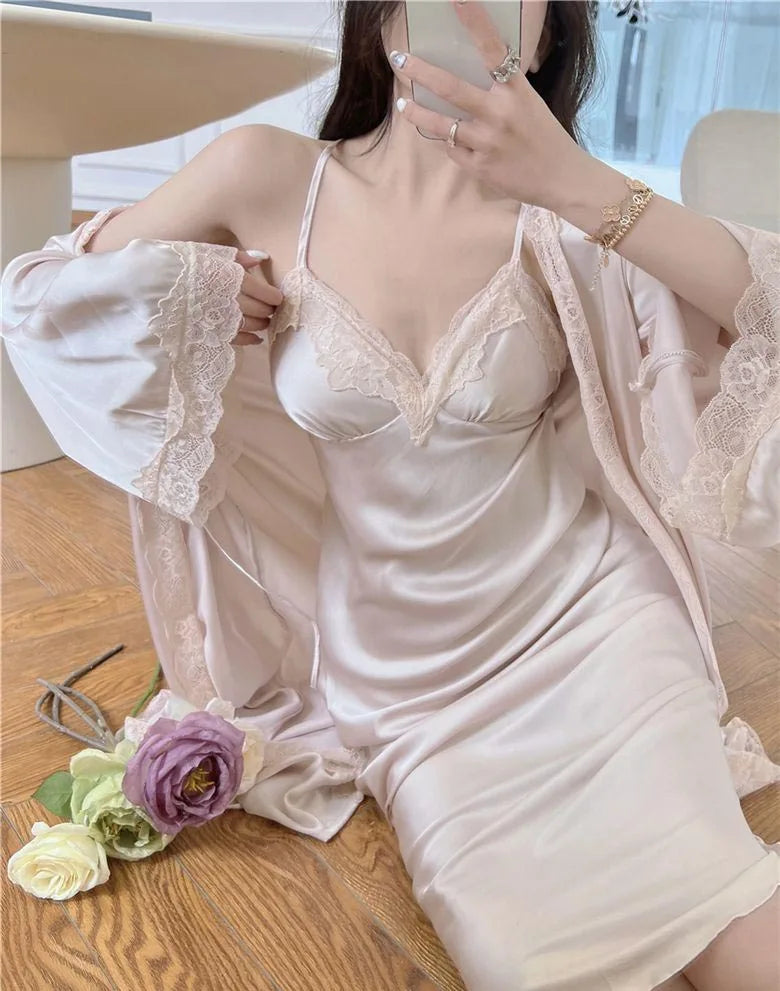 Sexy Ladies Silk Homewear French Pajamas Women's Spring And Fall Senior Ice Silk Extra-long Nightgown Wedding Bride Robe