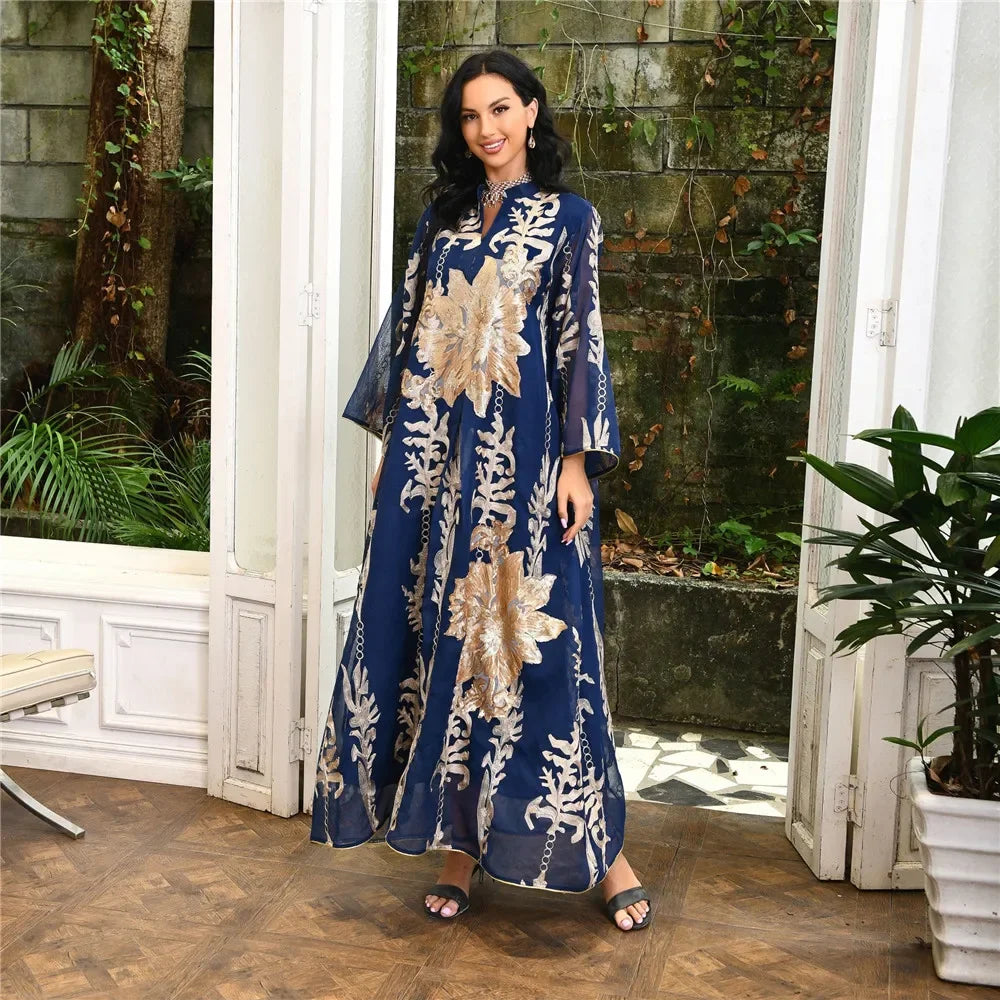 Muslim Abaya Dress Dubai Ramadan Sequins Floral Embroidered Moroccan Caftan Women Evening Gown Eid Djellaba Jalabiya Vestidos