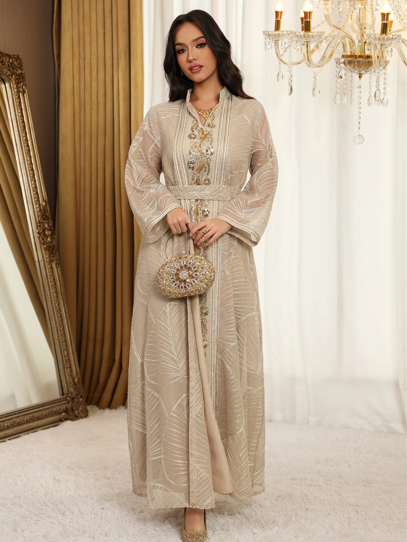 Women Mesh Sequins Dress Elegant Abaya  Eid Party Gorgeous Embroidery Dresses Lace-up Muslim Jalabiya  Vestidos Largos Robe 2025