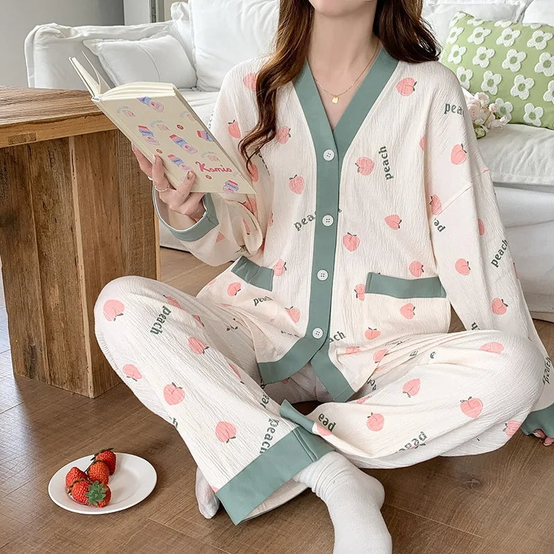 Sexy Pajamas Women's Long-sleeved Cotton Sleepwear Night Gown Home Clothes Pajamas Lounge Wear Loose Suit Home Service