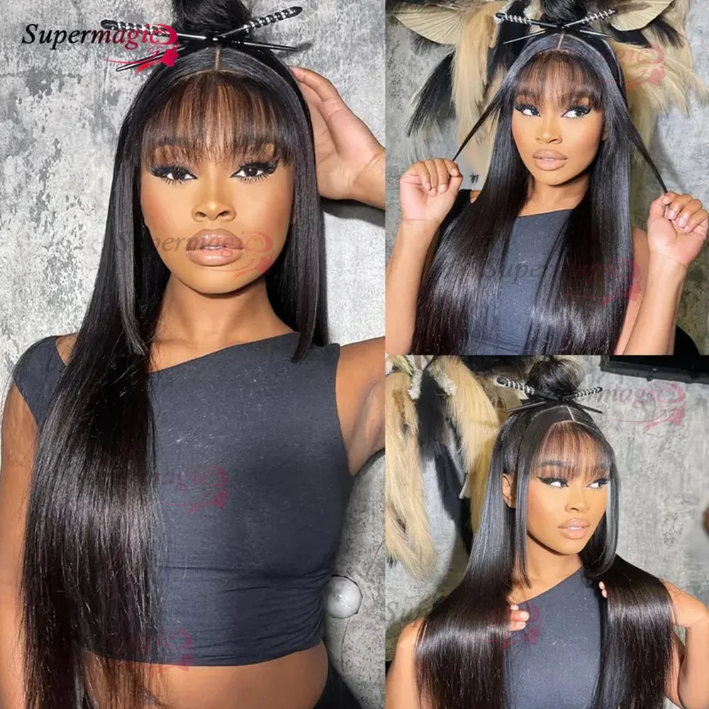 Raw Indian Bone Straight Human Hair With Bangs 4x4 Lace Middle Part Wigs For Black Women Brazilian 30 32 Inch Cheap Glueless Wig