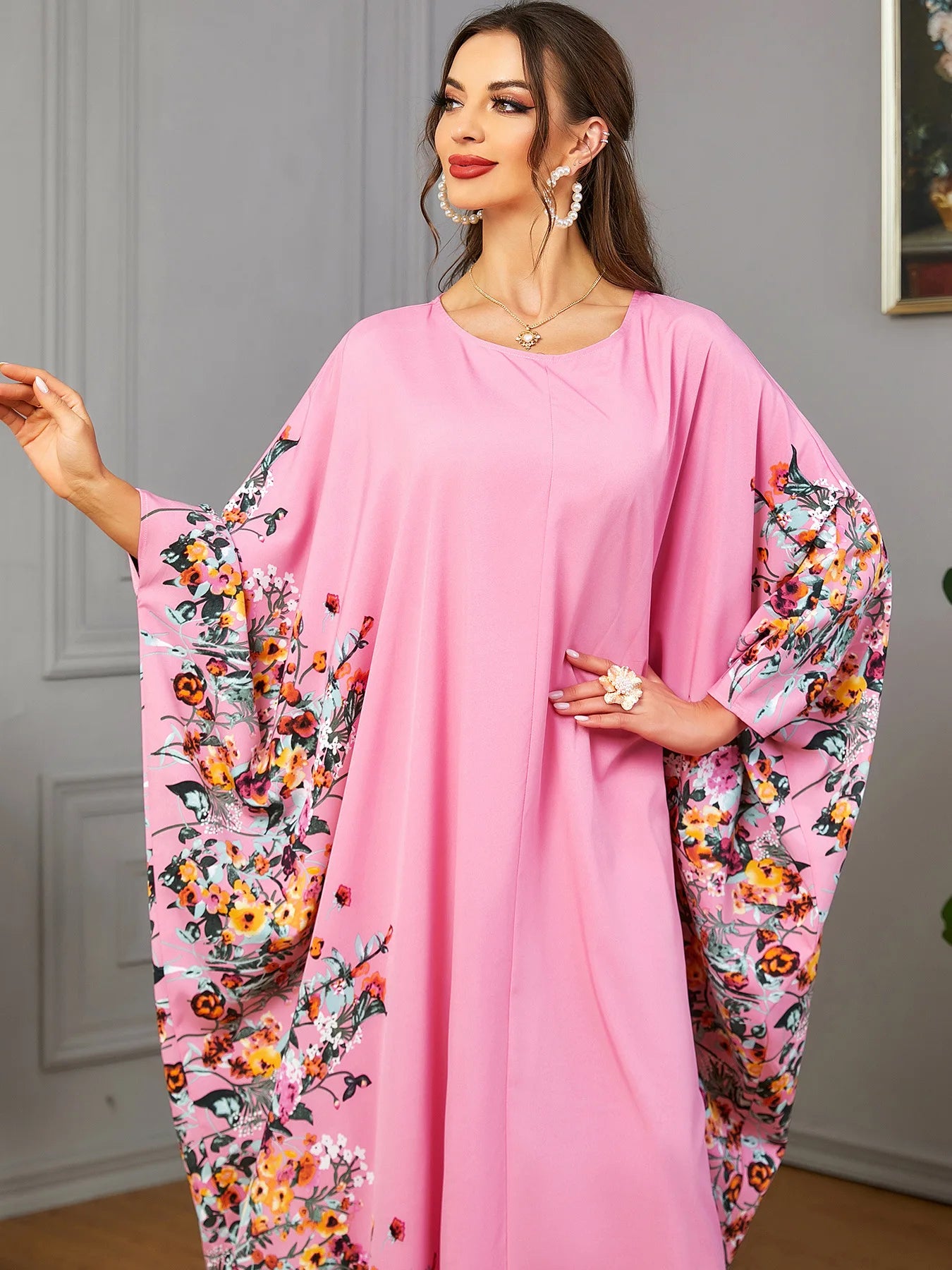 Eid Muslim Party Dress for Women Ramadan Abaya Bat Sleeve Print Long Robe Morocco Kaftan Vestidos Largos Dubai Jalabiya 2024