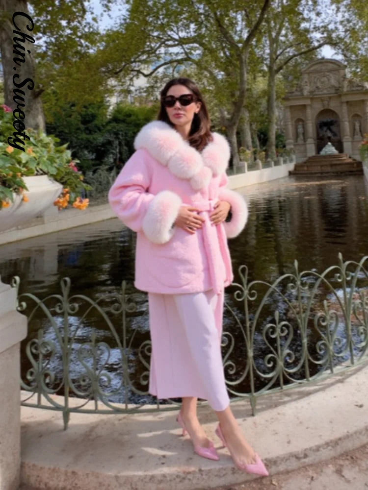 Elegant Hoody Faux Fur Women's Coat Loose Long Sleeve Pocket Warm Thicken Lady Coats 2025 Autumn Winter Chic Lady Streetwear