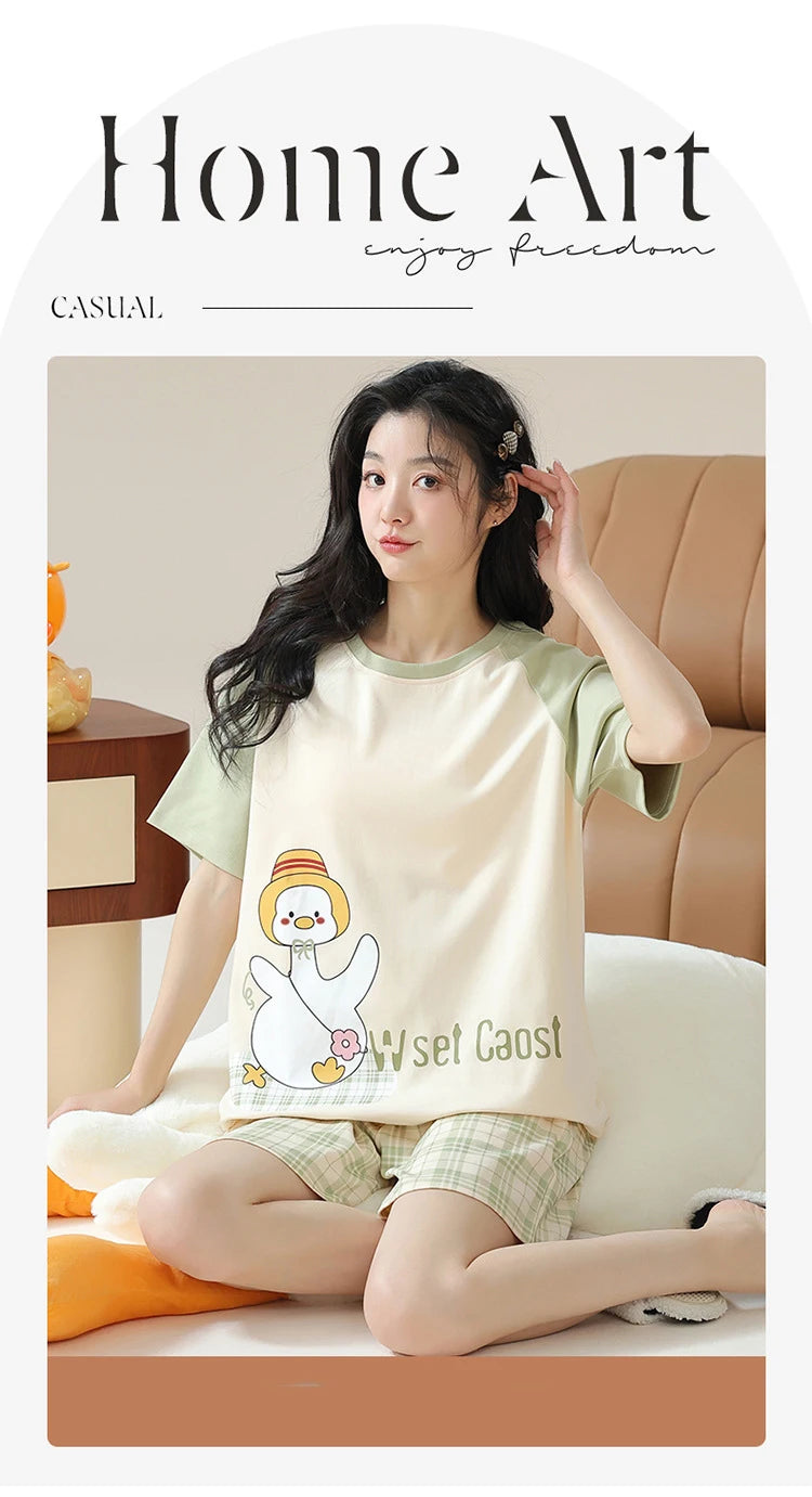Female Summer Pijamas Short Women Cotton Pajamas Sleeve Shorts Nightwear Sweet Sleepwear Cartoon Pyjamas Woman Home Suit