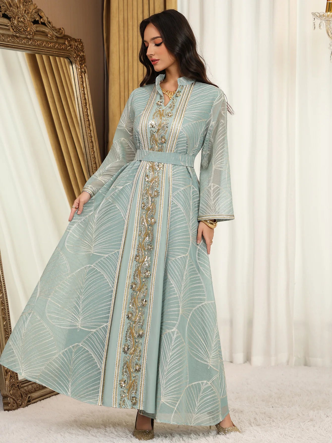 Women Mesh Sequins Dress Elegant Abaya  Eid Party Gorgeous Embroidery Dresses Lace-up Muslim Jalabiya  Vestidos Largos Robe 2025