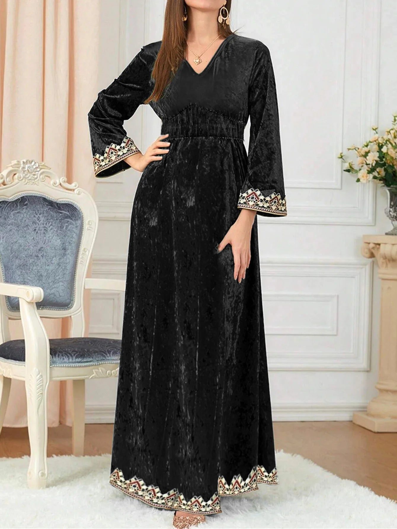 SuperAen Fashion Autumn and Winter New Dress Velvet Fashionable Elegant V-neck Pullover Long A-line Dresses