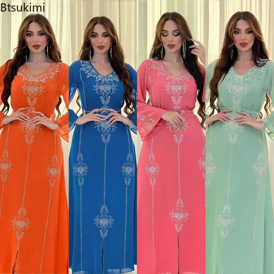 2026 Saudi Arabia Dubai Fashion Diamond Dress Women Muslim Dresses Abaya Chiffon Robe Middle Eastern Women's Clothing Maxi Dress