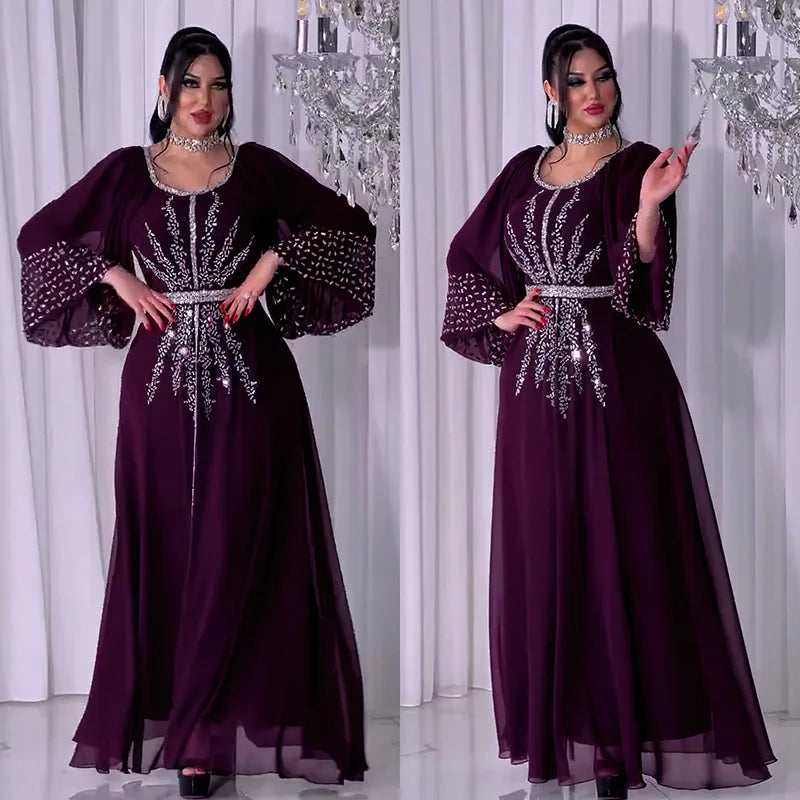 New 2025 Chiffon Diamonds Abayas for Women Luxury Dubai Abaya Turkey Kaftan Muslim Dress Djellaba Jalabiya Caftan Marocain Femme