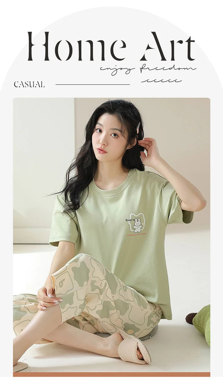 New Summer Pajamas Homewear Suit Women's Short-Sleeved Long Pants Ladies Large Size Loose Leisure Homewear Two-Piece Set