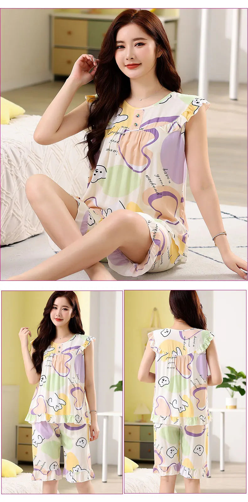 Summer Short Heart Leisure Embroidery Shirt +Shorts 2 Pieces Set Loungwear For Women Women Sexy Silk Pajama Set