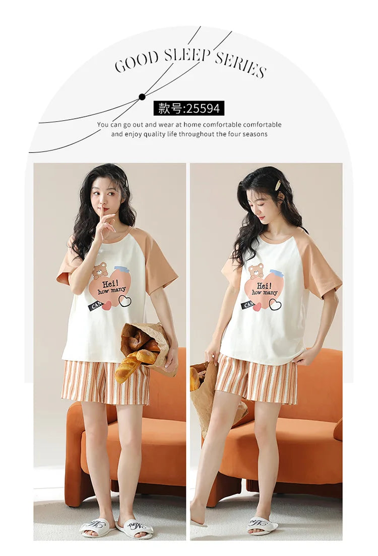Female Summer Pijamas Short Women Cotton Pajamas Sleeve Shorts Nightwear Sweet Sleepwear Cartoon Pyjamas Woman Home Suit