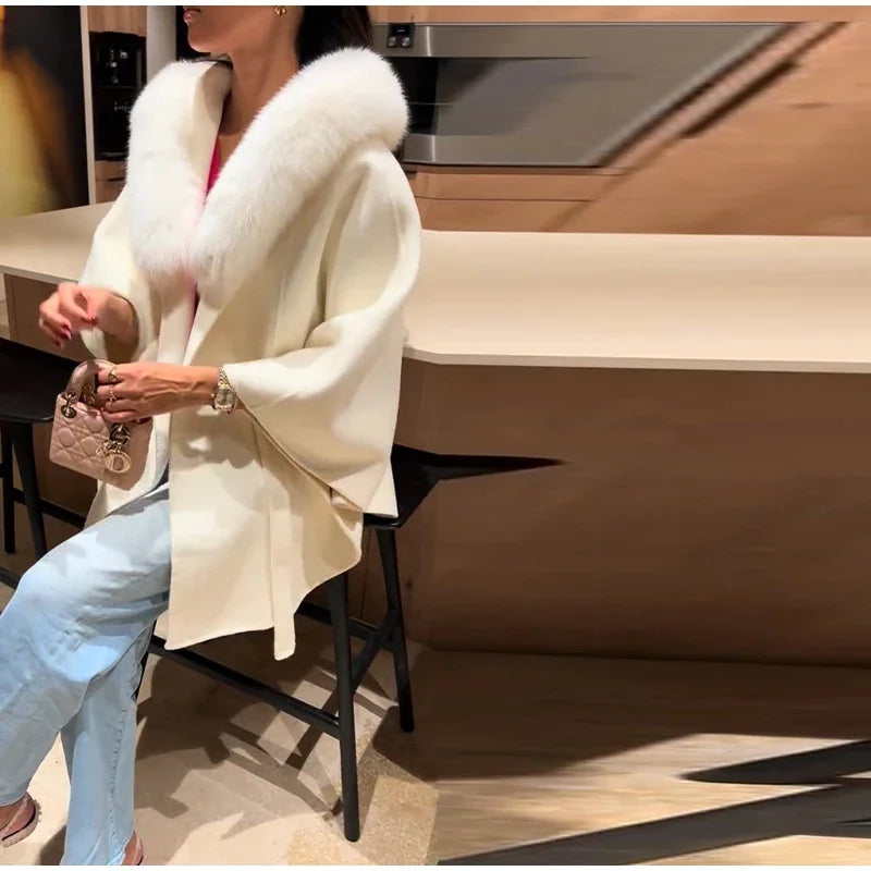 Elegant Fur Shawl Women's Coat Long Sleeve Patchwork Woolen Lace Up V-neck Solid Female Coats 2025 Autumn Winter Lady Jackets