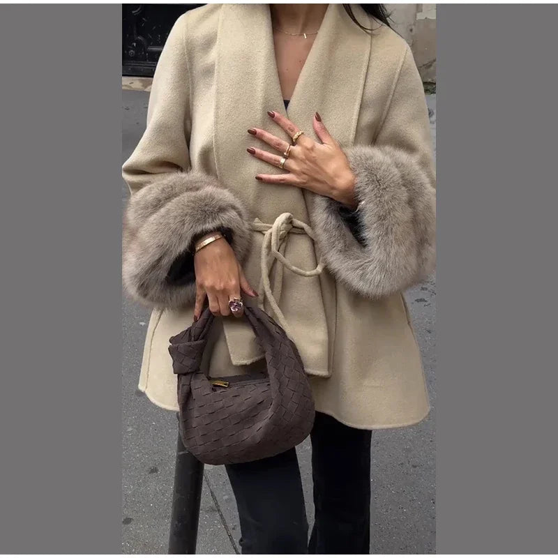 Elegant Fur Shawl Women's Coat Long Sleeve Patchwork Woolen Lace Up V-neck Solid Female Coats 2025 Autumn Winter Lady Jackets