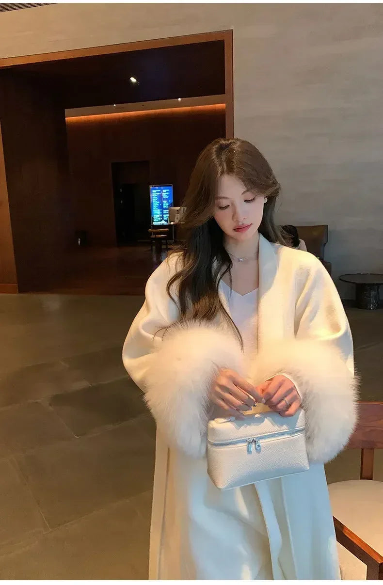 Elegant Warm Woolen Coats Real Fur Jacket with Belt Loose Fashion Outerwears 2024 Women Big Fur Collar Overcoats Female