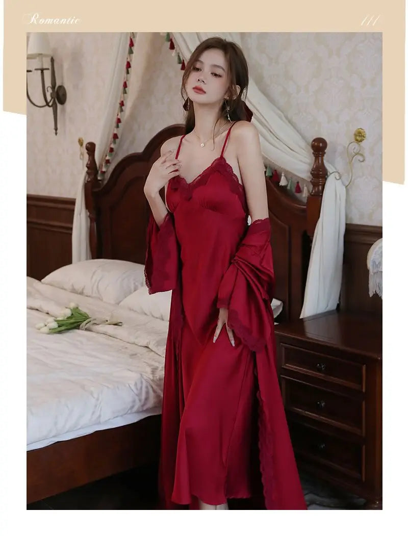 Sexy Ladies Silk Homewear French Pajamas Women's Spring And Fall Senior Ice Silk Extra-long Nightgown Wedding Bride Robe