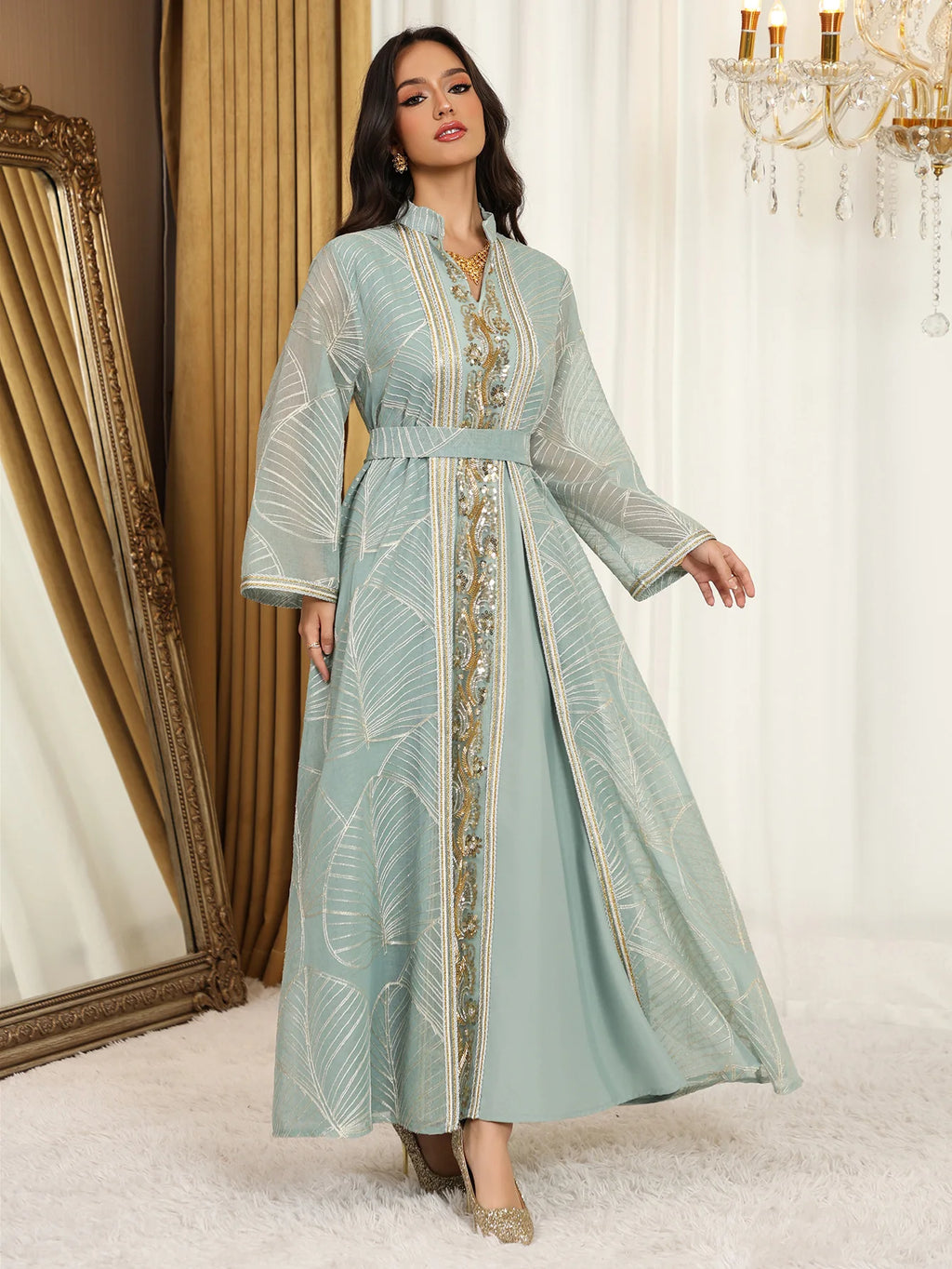 Women Mesh Sequins Dress Elegant Abaya  Eid Party Gorgeous Embroidery Dresses Lace-up Muslim Jalabiya  Vestidos Largos Robe 2025