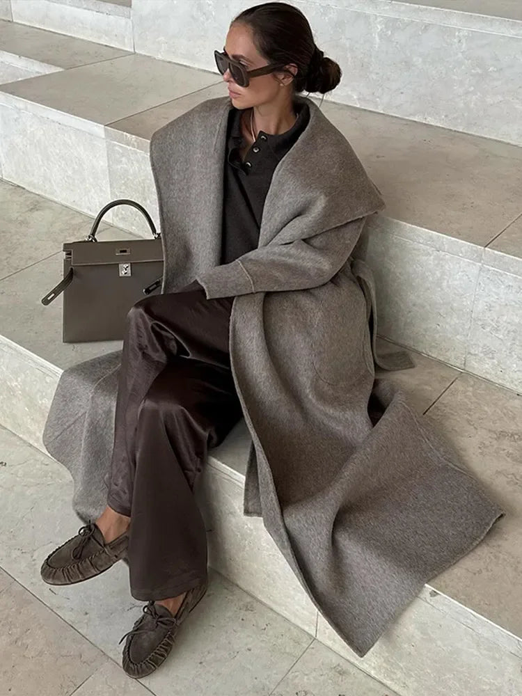 Solid Large Lapel Belted Long Woolen Women Coat Elegant Full Sleeve Lace Up Overcoat  2025 Autumn Winter Wrap Style Outerwear
