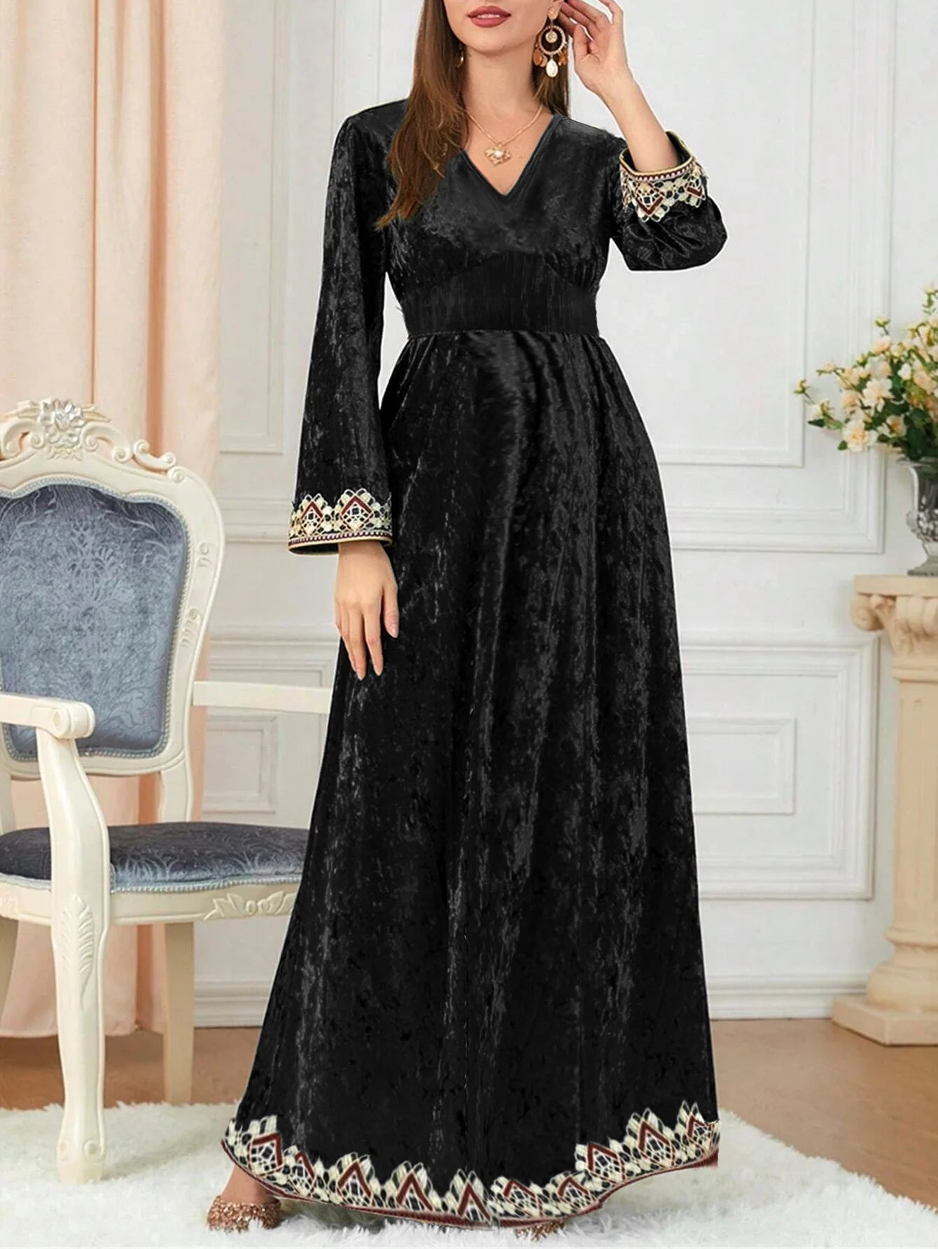 SuperAen Fashion Autumn and Winter New Dress Velvet Fashionable Elegant V-neck Pullover Long A-line Dresses