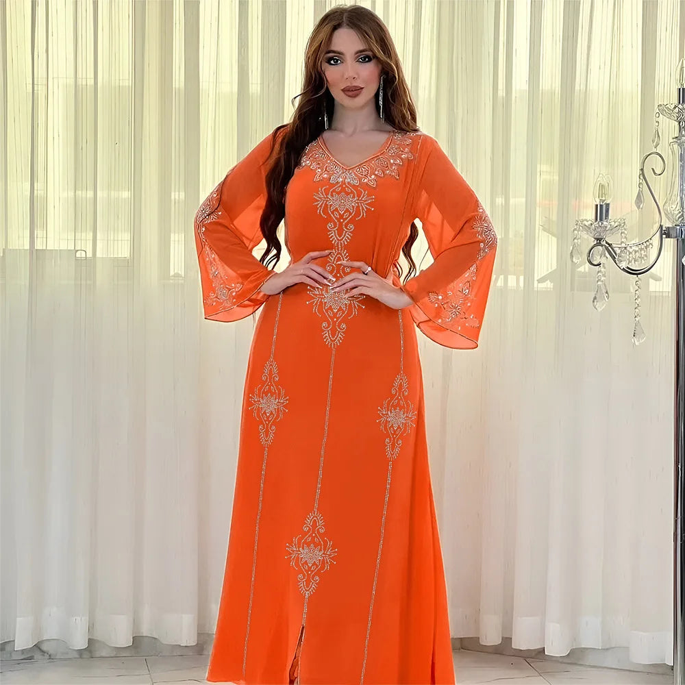 2026 Saudi Arabia Dubai Fashion Diamond Dress Women Muslim Dresses Abaya Chiffon Robe Middle Eastern Women's Clothing Maxi Dress