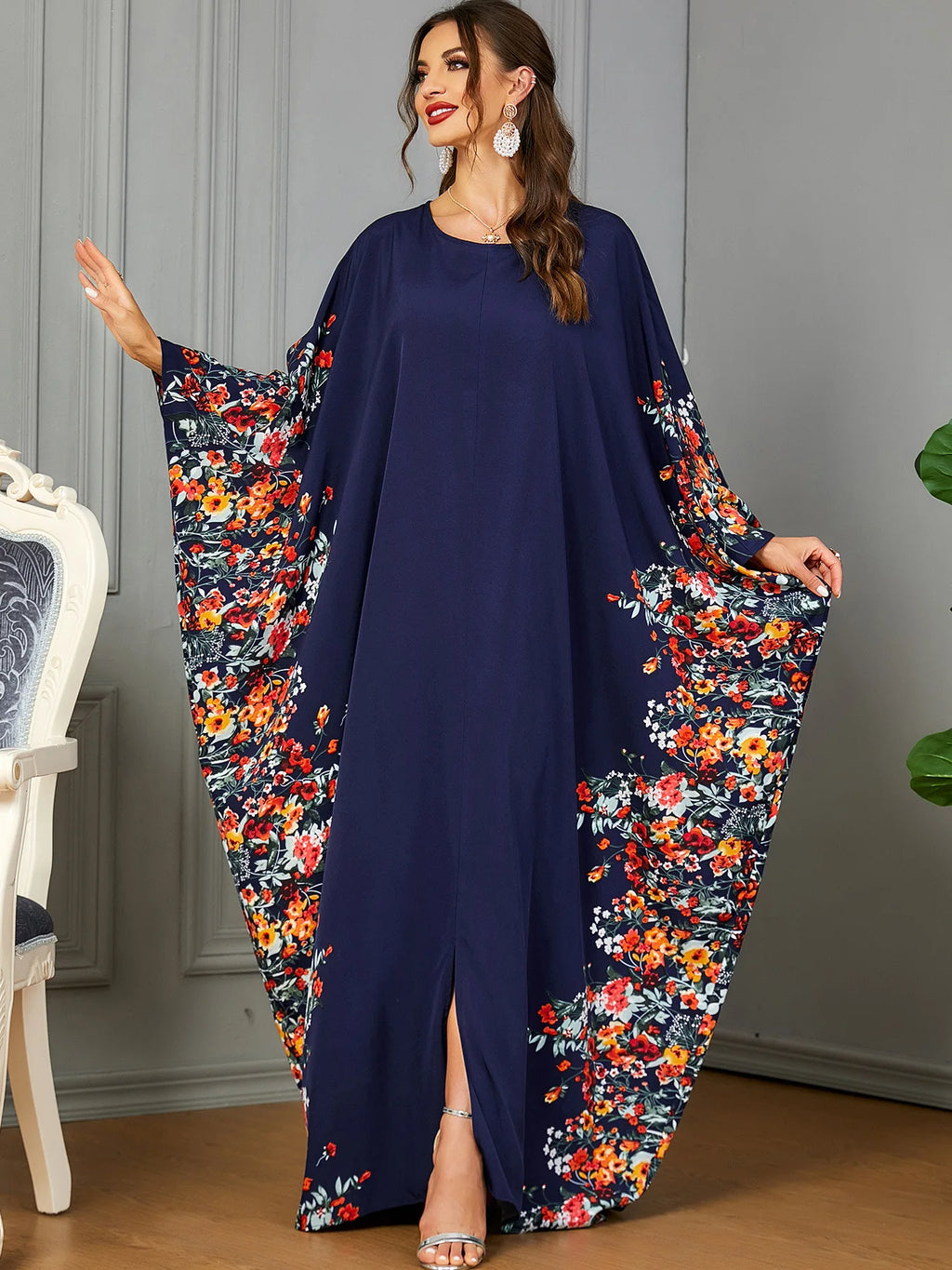 Eid Muslim Party Dress for Women Ramadan Abaya Bat Sleeve Print Long Robe Morocco Kaftan Vestidos Largos Dubai Jalabiya 2024