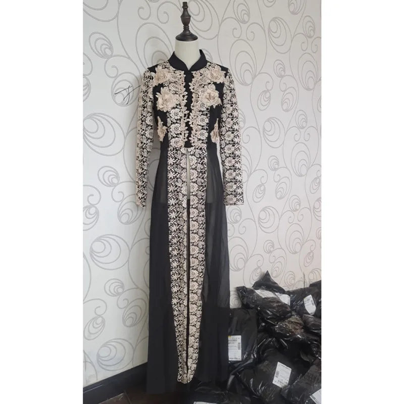 [Vibe] Women Muslim Elegant Chiffon Lace Dress Dubai Robe Islamic Turkey Ramadan Abaya Evening Party Dress 2025