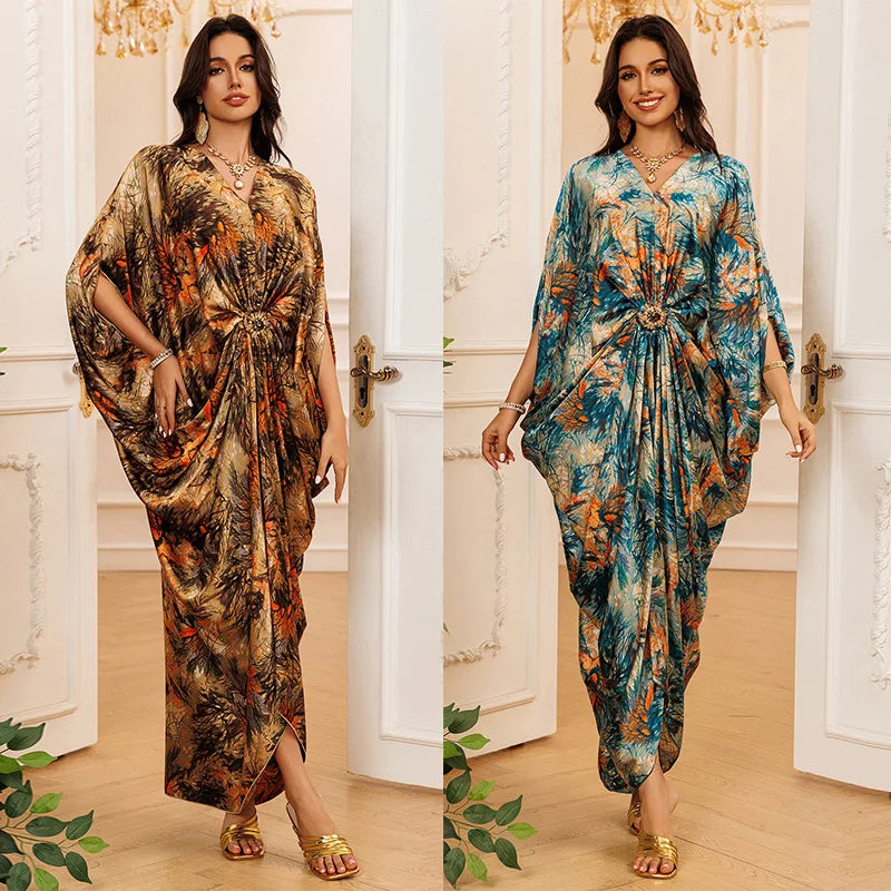 Eid Women Dress Muslim Abaya Print V Neck Party Jalabiya Ramadan Long Dresses Abayas Vestidos Largos Kaftan Arab Long Robe 2025