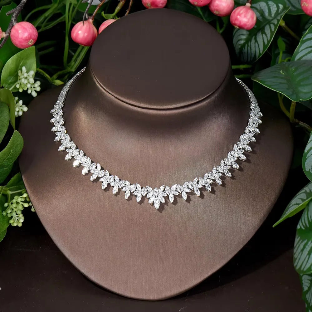Fashion Cubic Zircon Leaf Pendant Necklace and Earrings Set 4PCS Bridal Wedding Jewelry Set for Women Gifts Bijoux  S-353