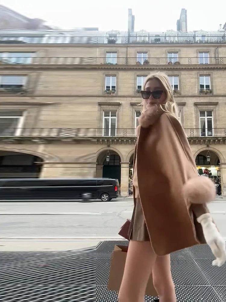Elegant Fur Patchwork Shawl Coat Women Khaki Woolen Long Sleeve Lapel Open Stitch Loose Coats 2025 Fashion Autumn Winter Outwear