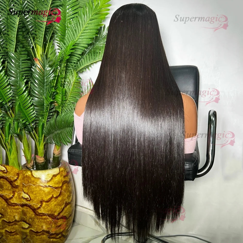 Raw Indian Bone Straight Human Hair With Bangs 4x4 Lace Middle Part Wigs For Black Women Brazilian 30 32 Inch Cheap Glueless Wig