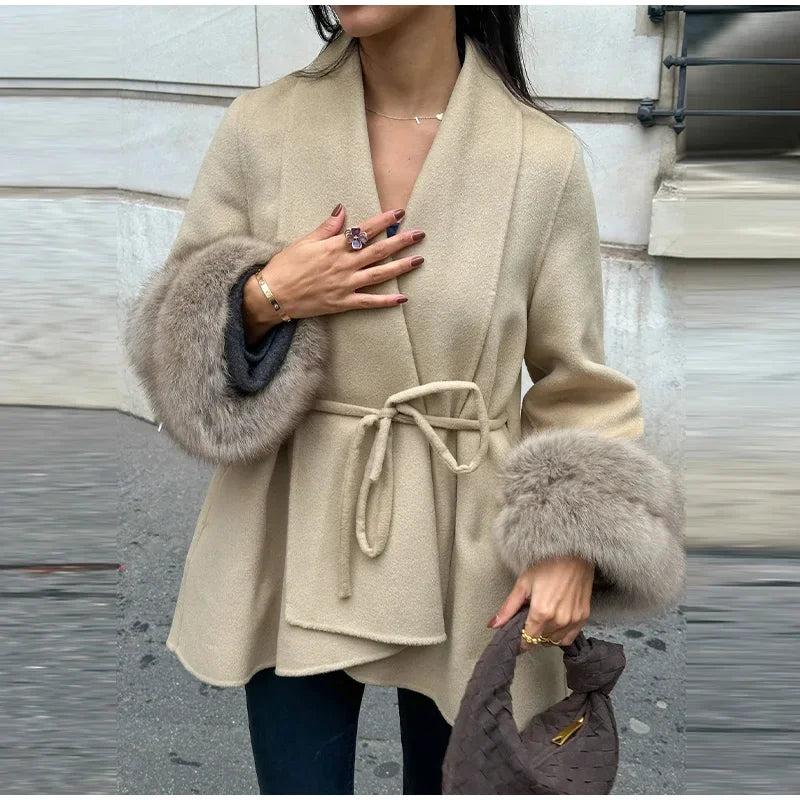 Elegant Fur Shawl Women's Coat Long Sleeve Patchwork Woolen Lace Up V-neck Solid Female Coats 2025 Autumn Winter Lady Jackets