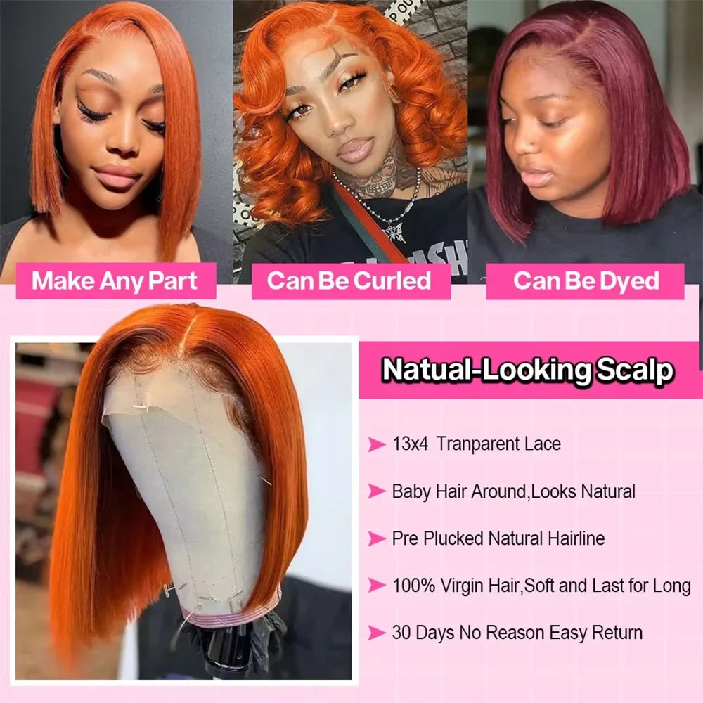 Ginger Orange Bob Wig Human Hair Straight 13x4 Short Bob Transparent Lace Frontal Wigs 200 Density Brazilian Hair Short Bob Wigs