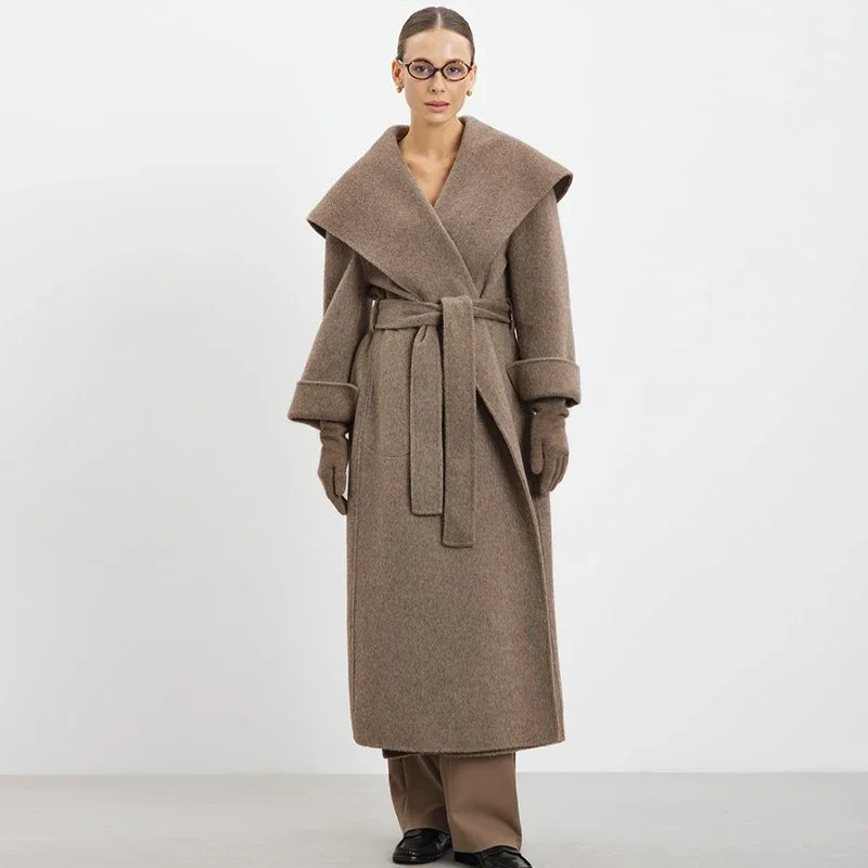 Solid Large Lapel Belted Long Woolen Women Coat Elegant Full Sleeve Lace Up Overcoat  2025 Autumn Winter Wrap Style Outerwear