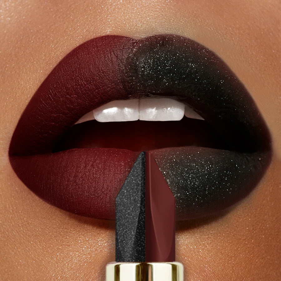 1PC Glitter Waterproof Two-tone Lipstick Matte Non-stick Pearlescent Diamond Lip Tint Red Black Brown Lips Makeup for Women Cosm