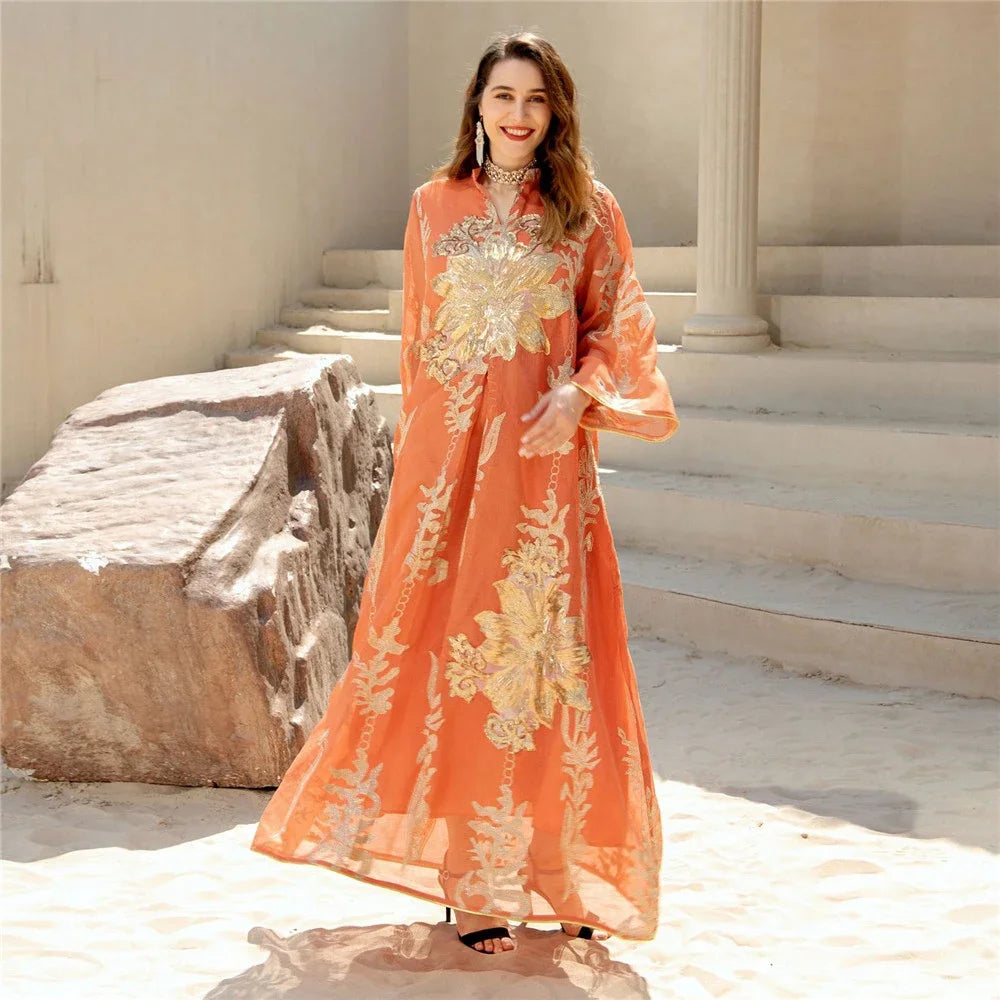 Muslim Abaya Dress Dubai Ramadan Sequins Floral Embroidered Moroccan Caftan Women Evening Gown Eid Djellaba Jalabiya Vestidos