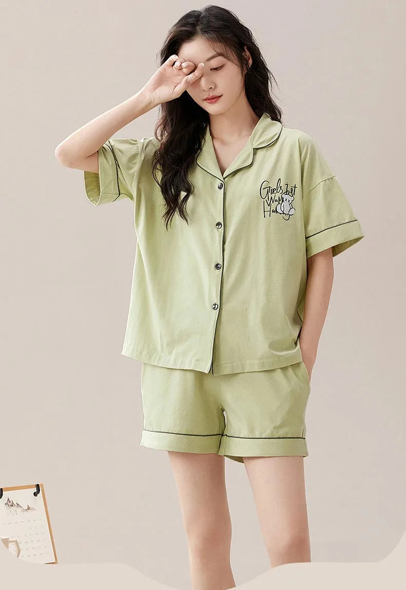 Dropshipping Female Pijamas Cartoon Summer Short Women Pajamas Sleeve Shorts Nightwear Sweet Sleepwear Pyjamas Woman Home Suit