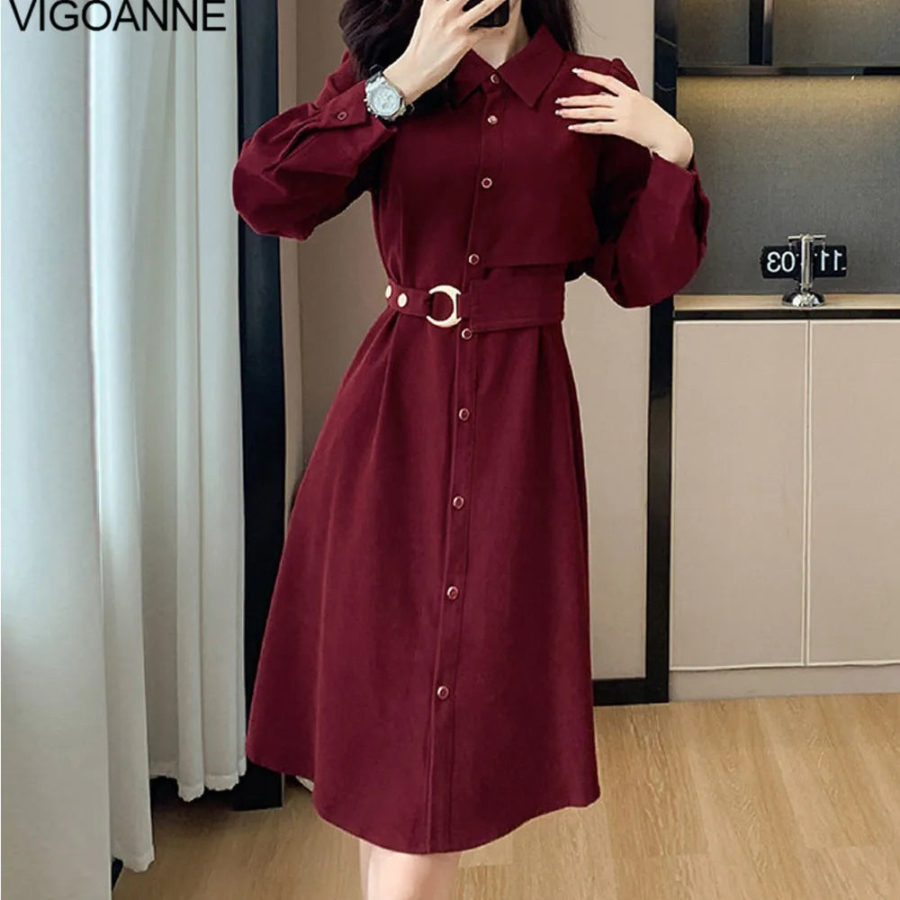 VigoAnne 2025 Woman Solid Long Sleeve Dress Spring Autumn Single Breasted Korean Casual Dresses Lady Evening Party Tight Dress